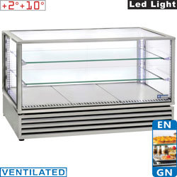 Vitrine pano. refrigeree, vent., 3niv., inox